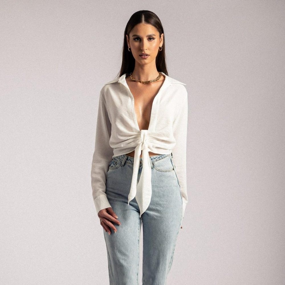 RONA Meshki Top 
Front Tie Long Sleeve Crop Top - White
